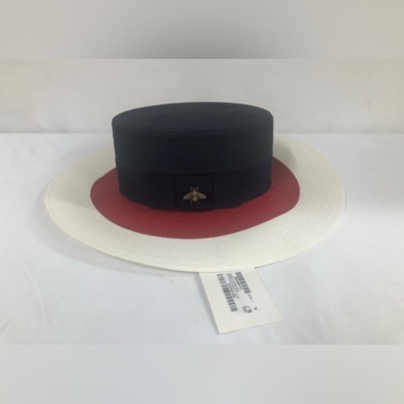 NWT Gucci Blue/Red/White Papier Wide Brim Straw Bee Hat Size L $590.00 *2023* main image 13